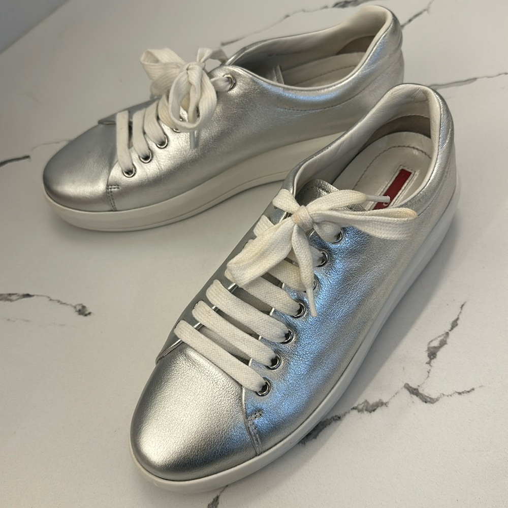 PRADA ladies silver sneakers. Size 38.5